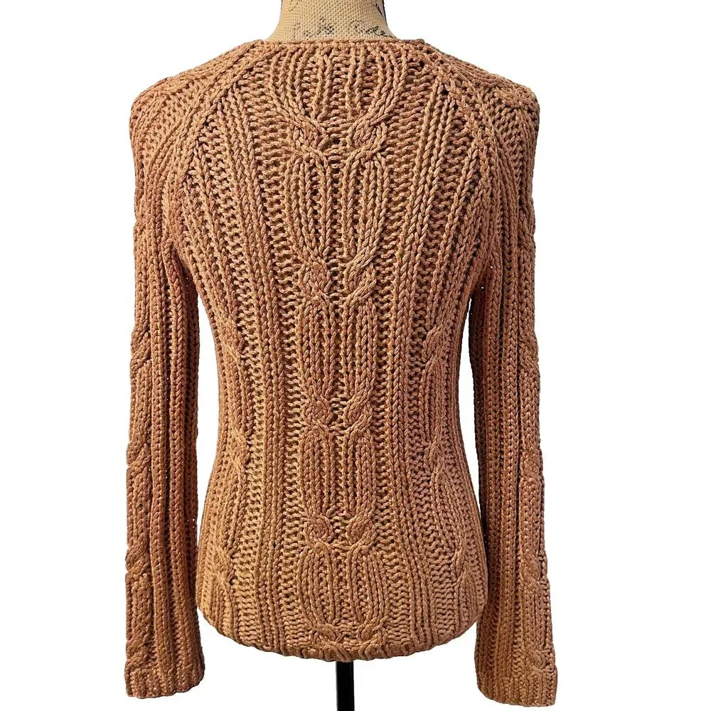 Vintage Anne Klein 90s Linen Blend Cable Knit Fisherman Sweater Camel SzM